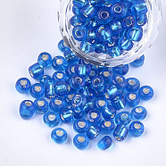 Glass Seed Beads, Silver Lined, Round, Royal Blue, 5~6x3~5mm, Hole: 1.2~2mm, about 2500pcs/bag(SEED-Q025-5mm-C08)