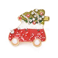 Christmas Tree with Car Enamel Pin with Rhinestone, Alloy Badge for Backpack Clothes, Golden, Colorful, 35.5x35x12mm(JEWB-A004-20G)