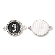 Alloy Enamel Links Connectors, with Crystal Rhinestones, Flat Round with Letter, Silver Color Plated, Letter.J, 22x16x2mm, Hole: 1.8mm(ENAM-TAC0003-01S-02J)