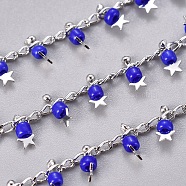 Handmade Glass Beaded Chains, with Brass Side Twisted Chains Curb Chains, with Spool, Long-Lasting Plated, Soldered, Star, Real Platinum Plated, Royal Blue, 3x1.5x0.7mm, about 32.8 Feet(10m)/roll(CHC-E019-09C--P)
