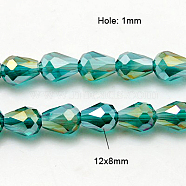 Electroplate Glass Beads Strands, AB Color Plated, Faceted Teardrop, Cyan, 12x8mm, 58pcs/strand, 26.5 inch(EGLA-D015-12x8mm-26)