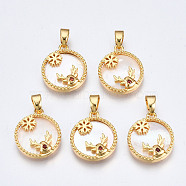 Brass Micro Pave Cubic Zirconia Pendants, with White Sea Shell, Nickel Free, for Christmas, Flat Round with Deer Antler & Snowflake, Real 18K Gold Plated, 15.5x13x3mm, Hole: 2.5x4.5mm(KK-Q277-020-NF)