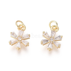 Brass Charms, with Clear Cubic Zirconia and Jump Rings, Flower, Golden, 12x8x2mm, Hole: 2mm(ZIRC-L087-046G)