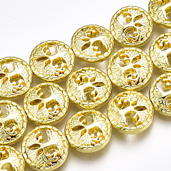 Electroplate Non-magnetic Synthetic Hematite Beads Strands, Flat Round with Tree of Life, Golden Plated, 12~13x4.5mm, Hole: 1mm, about 33pcs/strand, 15.9 inch(G-T061-180G)
