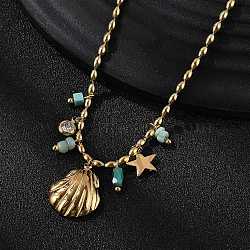 Beach 304 Stainless Steel Rhinestone & Glass Shell Shaped Pendant Necklaces for Women, Real 18K Gold Plated, 15.75 inch(40cm)(NJEW-Z061-08G)