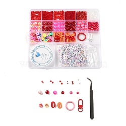 DIY Keychain Making Kits, including Glass Seed Beads & ABS Plastic & Polymer Clay Beads, Alloy Clasp, Elastic Thread, Tweezers, Red, 3x2mm, Hole: 1.2mm(DIY-L073-07B)