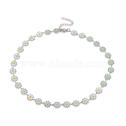 Enamel Daisy Link Chain Necklace, Vacuum Plating 304 Stainless Steel Jewelry for Women, Stainless Steel Color, Deep Sky Blue, 16.3 inch(41.5cm)(NJEW-P220-01P-06)