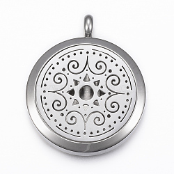 316 Surgical Stainless Steel Diffuser Locket Pendants, with Perfume Pad and Magnetic Clasps, Flat Round with Flower, Stainless Steel Color, Mixed Color, 37x30x6.5mm, Hole: 5mm, inner diameter: 23mm(STAS-H404-07)