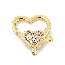 Brass Micro Pave Clear Cubic Zirconia Lobster Claw Clasps, Rack Plating, Long-Lasting Plated, Cadmium Free & Lead Free, Heart, Real 18K Gold Plated, 15.5x13.5x4.5mm, Hole: 1.5mm(KK-P299-06G)