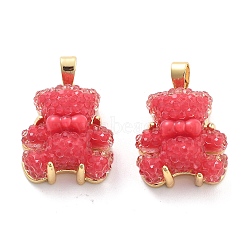 Druzy Resin Pendants, Bear Charms with Rack Plating Real 18K Gold Plated Brass Findings, Long-Lasting Plated, Cadmium Free & Lead Free, Red, 17.5x14.5x8.5mm, Hole: 2.5x5mm(RESI-G086-04G-02)