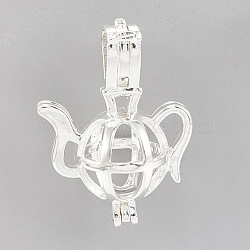 Brass Locket Pendants, Cage Pendants, Cadmium Free & Nickel Free & Lead Free, Hollow, Teapot, Silver Color Plated, 22x16x10mm, Hole: 4x2mm, Inner measure: 8mm(KK-Q748-015S)