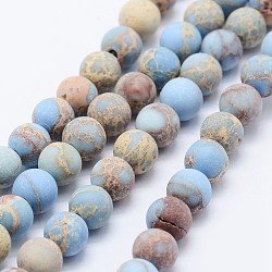 Natural Imperial Jasper Beads Strands, Dyed, Frosted, Round, Light Sky Blue, 8mm, Hole: 1mm, about 51pcs/strand, 15.3 inch(39cm)(G-K232-8mm-01A)