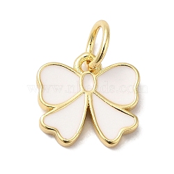 Rack Plating Brass Enamel Charms, with Jump Ring, Long-Lasting Plated, Lead Free & Cadmium Free, Real 18K Gold Plated, Bowknot Charm, White, 9.5x10x1.5mm, Hole: 3.5mm(KK-B092-13G-03)