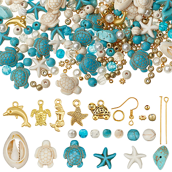 DIY Earring Kits, 40Pcs Brass Earring Hooks, 50Pcs Brass Flat Head Pins, 50Pcs Jump Rings, 40Pcs Glass Beads, 140Pcs Synthetic Turquoise Beads, 5Pcs Cowrie Shell, Mixed Color, 17~19x16~18x0.6~0.7mm, Hole: 2mm