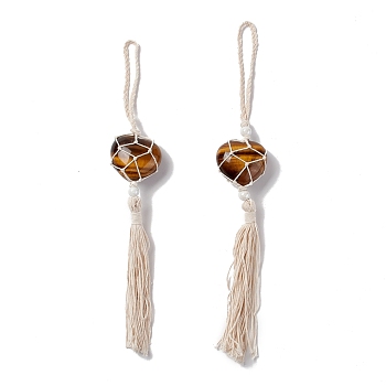 Natural Tiger Eye Pendant Decorations, with Acrylic Pearl Beads, Heart, 31~32cm
