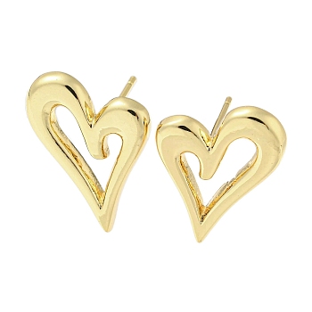 Hollow Heart Rack Plating Brass Stud Earrings, Long-Lasting Plated, Lead Free & Cadmium Free, Real 18K Gold Plated, 21x15mm