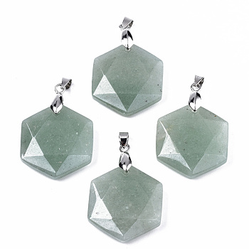 Natural Green Aventurine Pendants, with Platinum Tone Brass Pinch Bail, Faceted, Hexagon, 42.5x29.5x7.5~8.5mm, Hole: 3x5mm