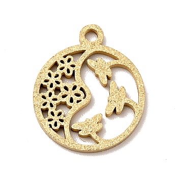 304 Stainless Steel Textured Pendants, Hollow, Flat Round with Dragonfly & Flower, Golden, 14x12x1mm, Hole: 1mm