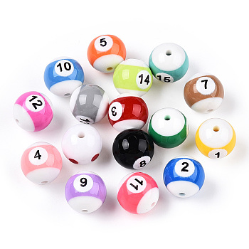 Opaque Resin Billiards Beads, Round Beads with Number, Mixed Color, 16x15.5mm, Hole: 2mm