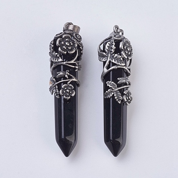 Natural & Dyed Black Agate Pointed Pendants, with Antique Silver Plated Brass Findings, Faceted, Bullet, Flower, 58~61x15~17mm, Hole: 5x7mm