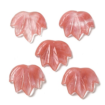 Cherry Quartz Glass Carved Pendants, Leaf Charms, 43~44x49~50x7~7.5mm, Hole: 1.4mm