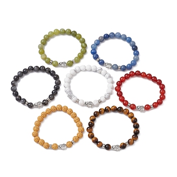 7Pcs 7 Colors Natural Mixed Gemstone Stretch Bracelets Sets, Elephant Alloy Bracelets for Men Women, Inner Diameter: 2-1/8 inch(5.3cm), 1pc/color