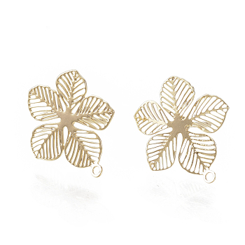 Brass Stud Earring Findings, with Loop, Flower, Nickel Free, Real 18K Gold Plated, 14.5x13mm, Hole: 1mm, pin: 0.6mm