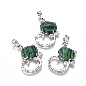 Synthetic Malachite Kitten Pendants, with Platinum Tone Brass Findings and Crystal Rhinestone, Cat with Bowknot Shape, 32x25.5x7.5mm, Hole: 4.5x7mm