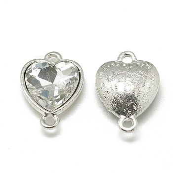 Alloy Glass Links connectors, Faceted, Heart, Platinum, Clear, 19.5x14x6.5mm, Hole: 1.5mm