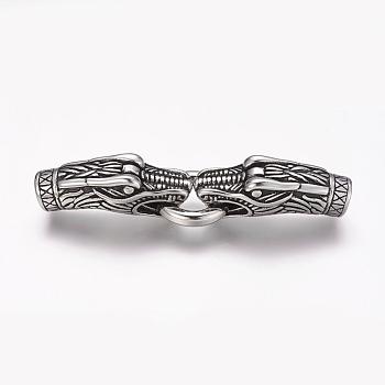 304 Stainless Steel Spring Gate Rings, O Rings, with Two Cord Ends, Dragon Head, Antique Silver, 76x18x12mm, Half Hole: 8mm