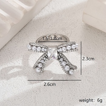 Elegant Brass Clear Cubic Zirconia Bowknot Ring, with Plastic Imitation Pearls for Women, Platinum, US Size 7(17.3mm)