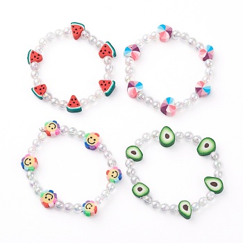 Stretch Kids Bracelets, with Transparent Acrylic and Fruit & Heart & Sunflowers Polymer Clay Beads, Mixed Color, Inner Diameter: 1-7/8 inch(4.8cm)