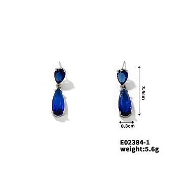 Elegant Shiny Waterdrop Stud Earrings for Women, Delicate and Versatile, Dark Blue, Platinum, 38x8mm