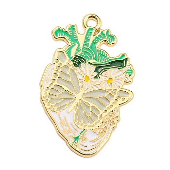 Alloy Enamel Pendants, Golden, Heart Charm, Butterfly, 33~33.5x21~21.5x1.3~1.4mm, Hole: 1.8mm