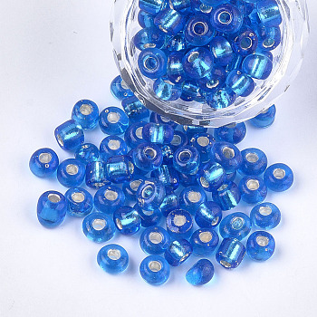 Glass Seed Beads, Silver Lined, Round, Royal Blue, 5~6x3~5mm, Hole: 1.2~2mm, about 2500pcs/bag