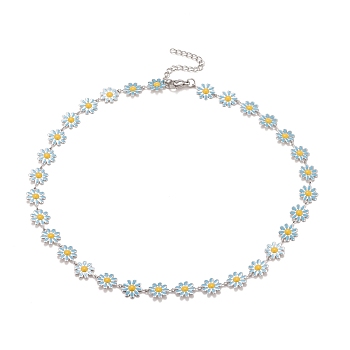 Enamel Daisy Link Chain Necklace, Vacuum Plating 304 Stainless Steel Jewelry for Women, Stainless Steel Color, Deep Sky Blue, 16.3 inch(41.5cm)