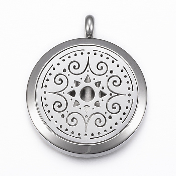 316 Surgical Stainless Steel Diffuser Locket Pendants, with Perfume Pad and Magnetic Clasps, Flat Round with Flower, Stainless Steel Color, Mixed Color, 37x30x6.5mm, Hole: 5mm, inner diameter: 23mm