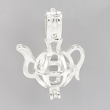 Brass Locket Pendants, Cage Pendants, Cadmium Free & Nickel Free & Lead Free, Hollow, Teapot, Silver Color Plated, 22x16x10mm, Hole: 4x2mm, Inner measure: 8mm