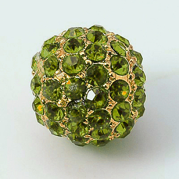 Alloy Rhinestone Beads, Grade A, Round, Golden Metal Color, Olivine, 10mm