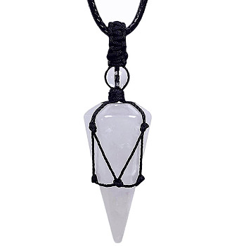 Natural Quartz Crystal Cone Pendant Necklaces, Wax String Macrame Pouch Necklace, 20.08~31.50 inch(51~80cm)