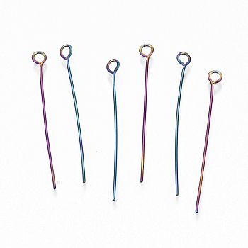 Ion Plating(IP) 304 Stainless Steel Eye Pins, Rainbow Color, 35x0.6mm, Hole: 2mm