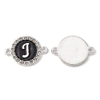 Alloy Enamel Links Connectors, with Crystal Rhinestones, Flat Round with Letter, Silver Color Plated, Letter.J, 22x16x2mm, Hole: 1.8mm