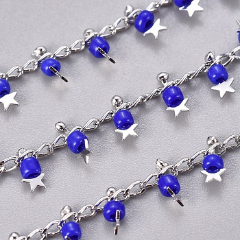 Handmade Glass Beaded Chains, with Brass Side Twisted Chains Curb Chains, with Spool, Long-Lasting Plated, Soldered, Star, Real Platinum Plated, Royal Blue, 3x1.5x0.7mm, about 32.8 Feet(10m)/roll