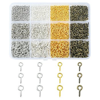 1200Pcs 12 Style Iron Screw Eye Pin Peg Bails, For Half Drilled Beads, Mixed Color, 8~13x4~6.5x1~1.5mm, Hole: 2~4mm