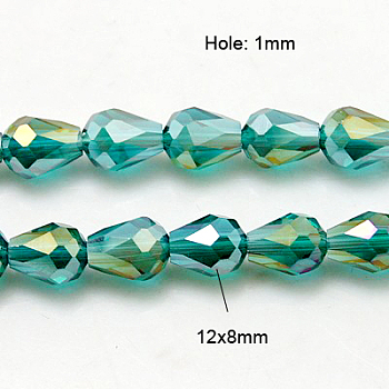 Electroplate Glass Beads Strands, AB Color Plated, Faceted Teardrop, Cyan, 12x8mm, 58pcs/strand, 26.5 inch