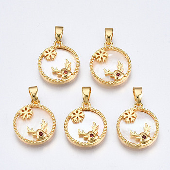 Brass Micro Pave Cubic Zirconia Pendants, with White Sea Shell, Nickel Free, for Christmas, Flat Round with Deer Antler & Snowflake, Real 18K Gold Plated, 15.5x13x3mm, Hole: 2.5x4.5mm