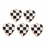 Alloy Enamel Pendants, Cadmium Free & Lead Free, Light Gold, Heart, Checkered Charms, Black, 17.5x15.5x1.5mm, Hole: 1.8mm(ENAM-S121-176D-RS)