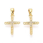 Brass Micro Pave Clear Cubic Zirconia Pendants, Cross Charms, Real 18K Gold Plated, 18x12.5x1.5mm, Hole: 4.5x2mm(KK-N259-19G)