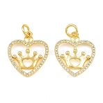 Brass Micro Pave Clear Cubic Zirconia Pendants, Heart with Crown Charms, Long-Lasting Plated, Rack Plating, Cadmium Free & Lead Free, Golden, 21x18x3mm, Hole: 4mm(CU-CBA3D67-05C-G)