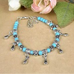 Bohemian Teardrop Alloy Charm Bracelets, Flower & Bee Alloy Tibetan & Synthetic Turquoise Beaded Bracelets for Women, Turquoise, 6.89 inch(17.5cm)(WG9243-2)